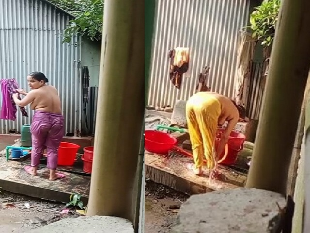 neighbor Bengali aunty bathing outdoor caught on